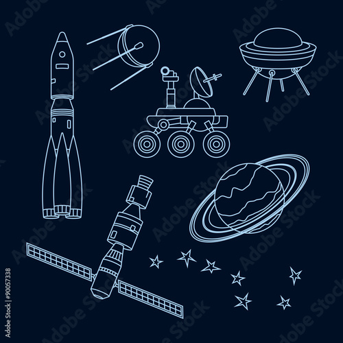 Set of outlines space object and equipment