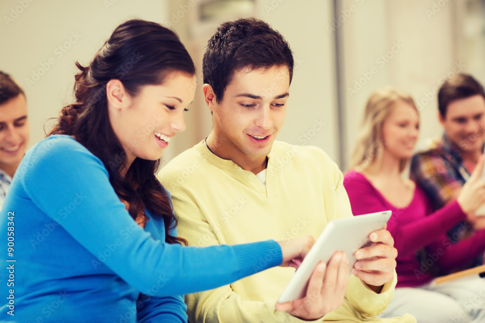 group of smiling students with tablet pc group of smiling students with tablet pc