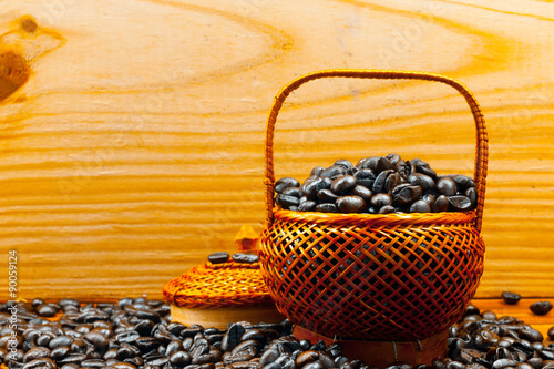 .Coffee beans roasted in bamboo baskets..