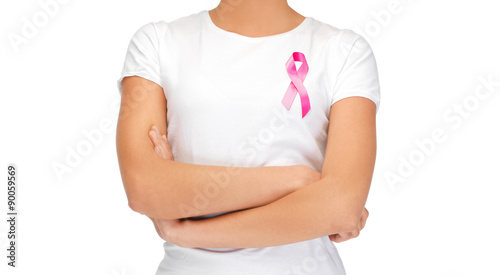 Wallpaper Mural smiling woman with pink cancer awareness ribbon Torontodigital.ca