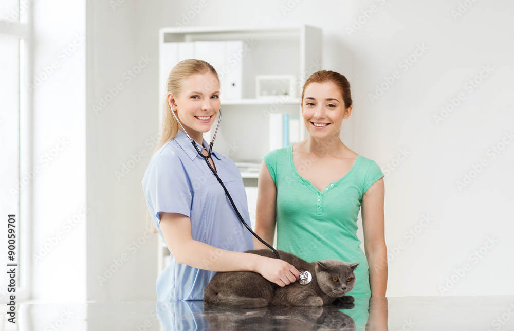 Fototapeta premium happy woman with cat and doctor at vet clinic
