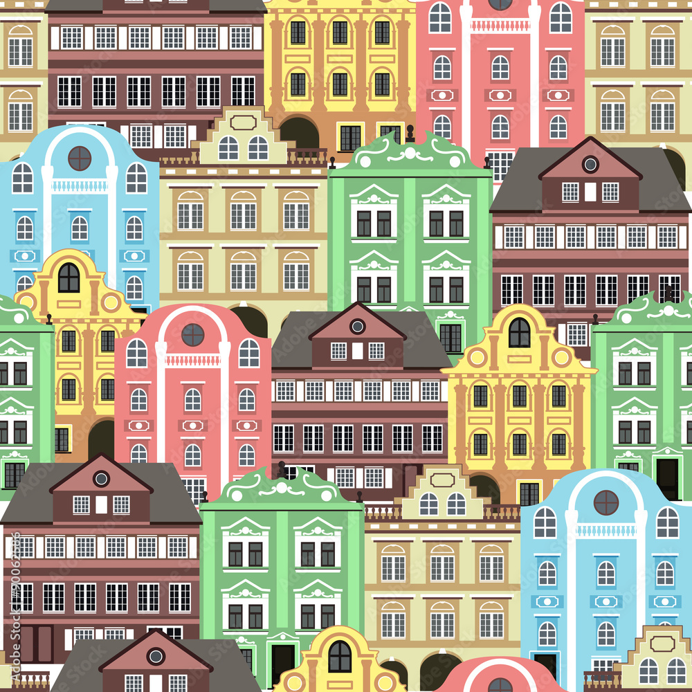 Seamless background with old colourful buildings for wallpaper or background design.