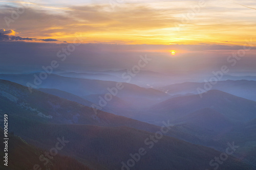 Carpathian mountain range on sunset