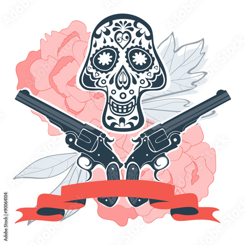 Hand drawn skull with guns and flowers in vintage style