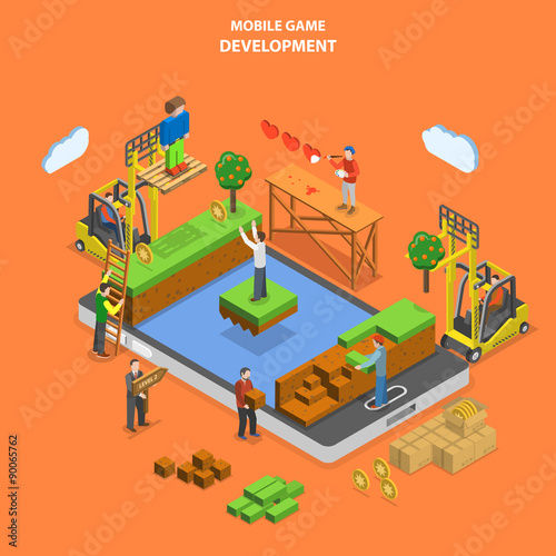 Mobile game development flat isometric vector.