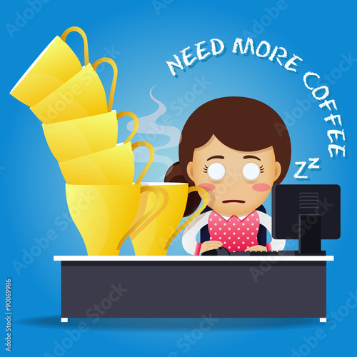 sleepy woman working on computer and many big coffee cups