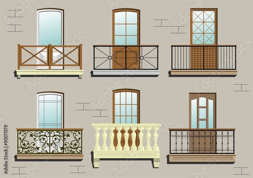 Vászonkép Balconies. A set of different classical balconies.