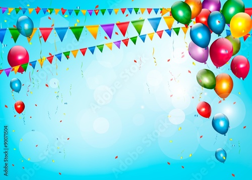 Colorful holiday background with balloons and flags. Vector