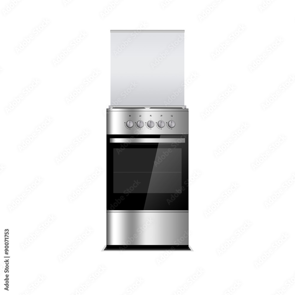 Stainless steel gas cooker with oven isolated on white. Stove. Glass cover. Black switch handles. Stainless steel gas cooker with oven isolated on white. Stove. Glass cover. Black switch handles.