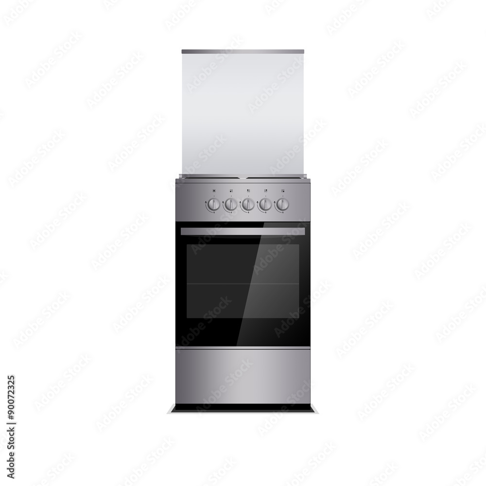 Grey gas cooker with oven isolated on white. Stove. Silver switch handles. Glass cover.