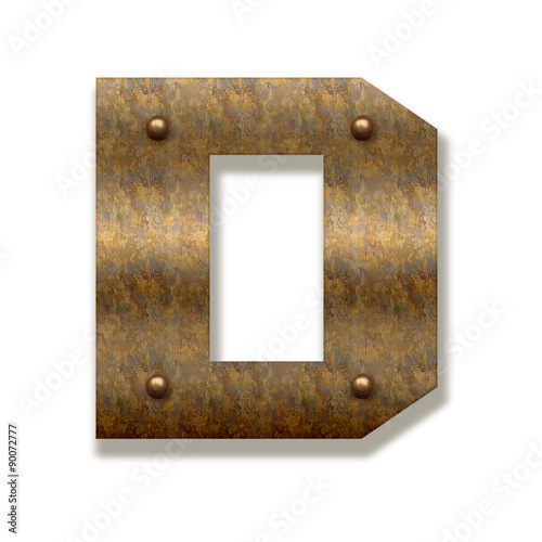 Rusty metal letter D. Alphabet isolated on white background