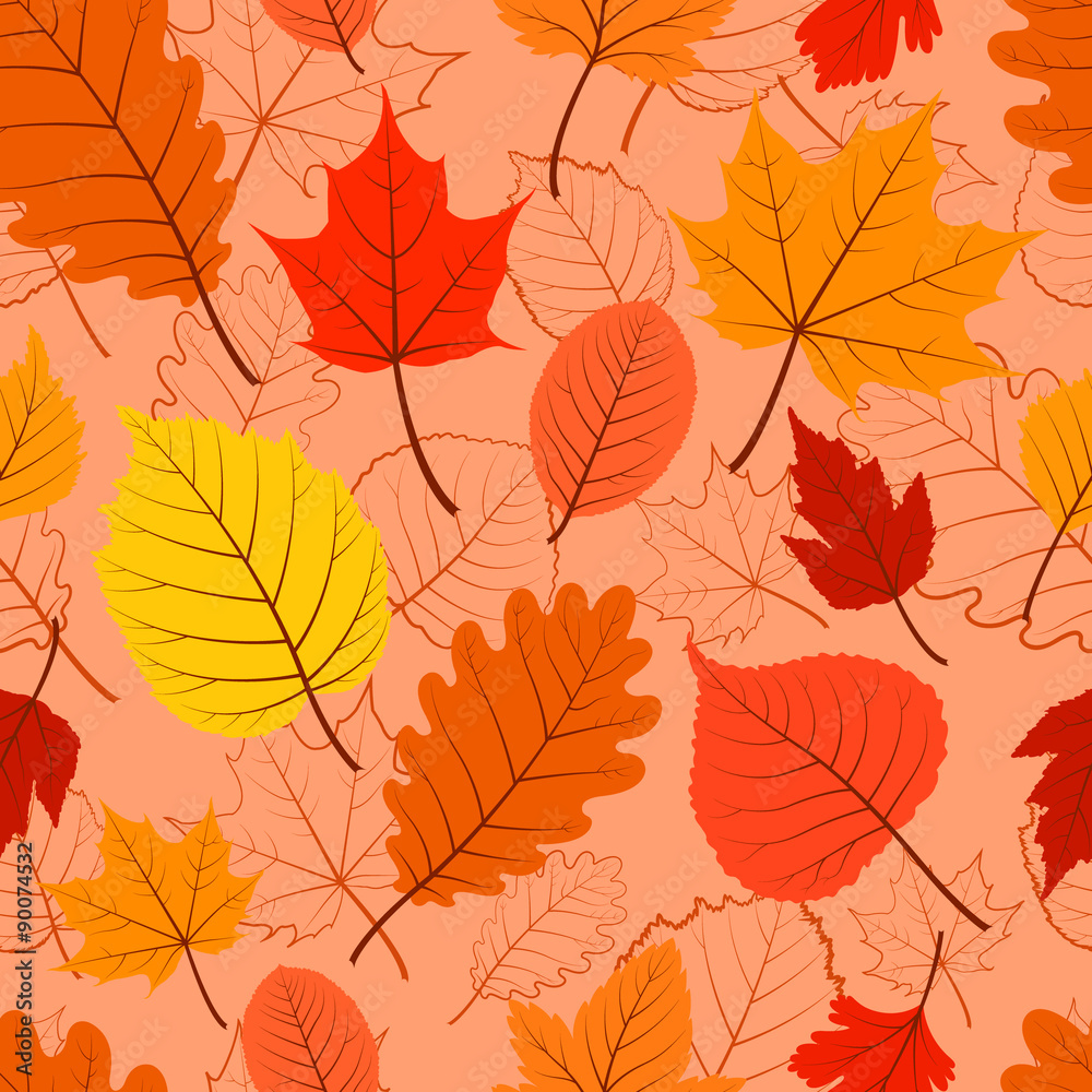 Colorful orange seamless pattern with autumn leaves.
