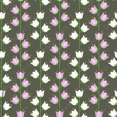 Floral seamless pattern of pastel blue and pink bellflower.