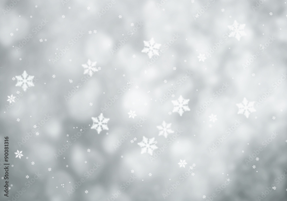 Simple snowfall abstract with silver snowflakes on silver colored and blurred background. Illustration.