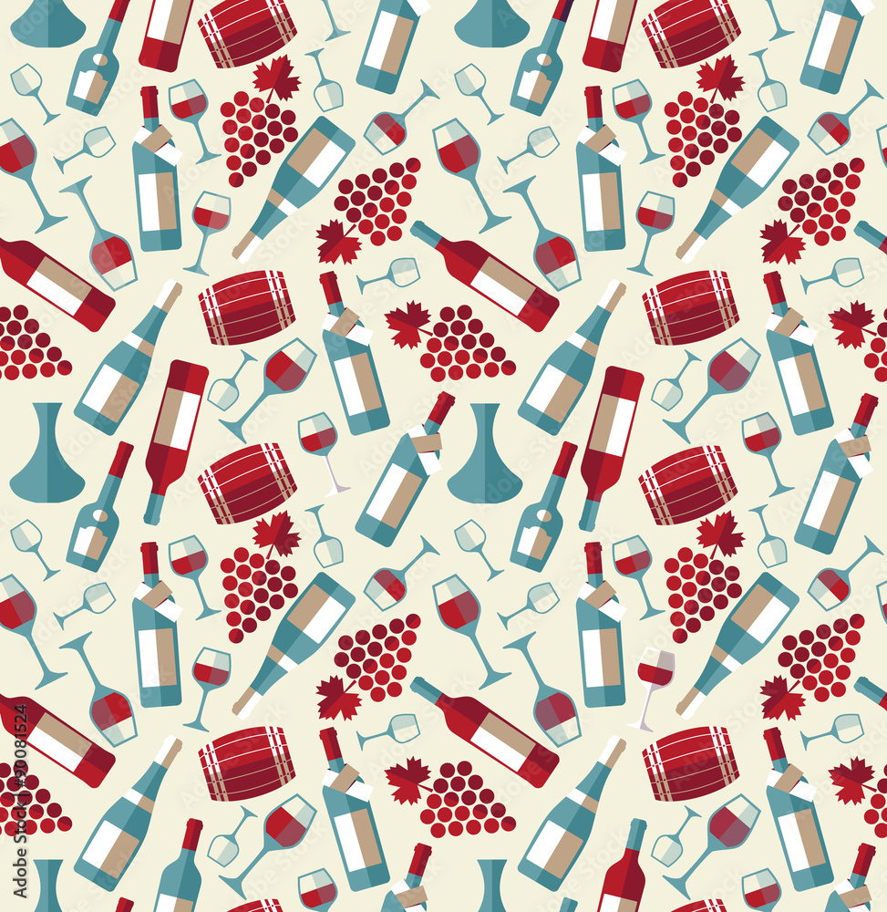 Wine seamless pattern with biootle and glass.