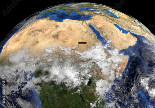 Fototapeta Naklejka Na Ścianę i Meble -  Sudan flag on pole on earth globe illustration - Elements of this image furnished by NASA