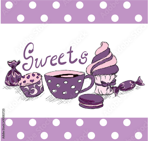 Still life of cup cakes and sweets , candies and macaroon drawn vector