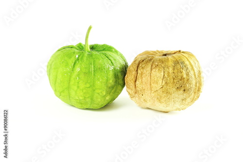 tomatillo or mexican green tomato fruit or vegetable in white background photo