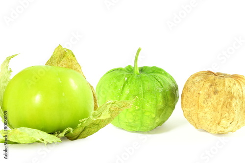 tomatillo or mexican green tomato fruit or vegetable in white background photo