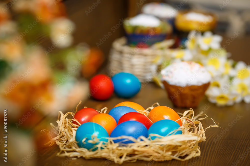 Easter eggs on a wooden background 