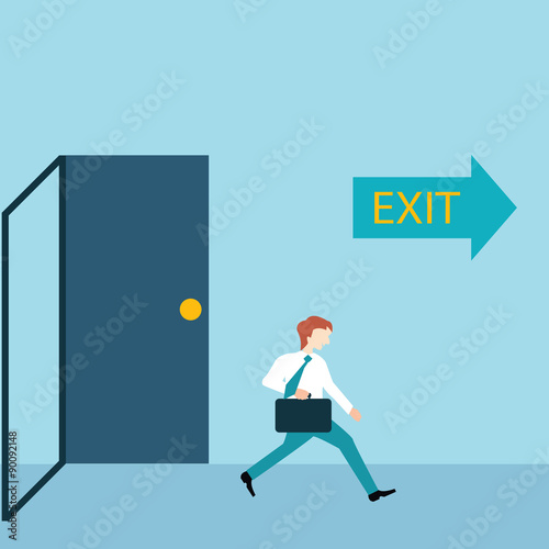 Businessman running out of a door with exit sign.