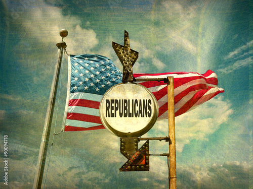 aged and worn vintage photo of republicans sign with american flag