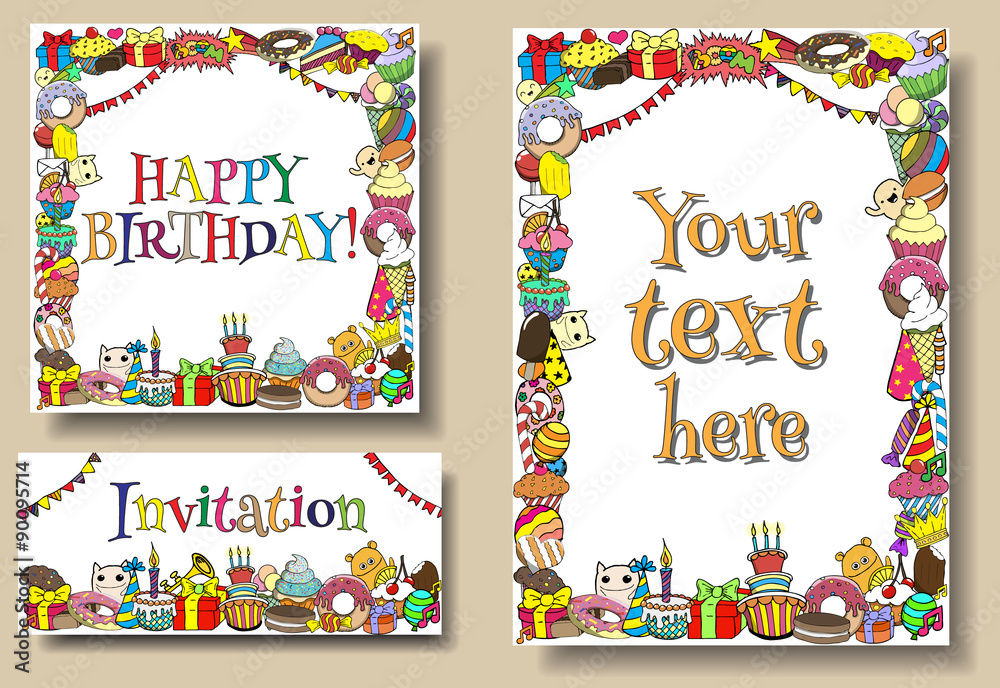 Set greeting cards birthday party templates with sweets doodles