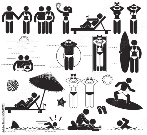 Summer beach vacations. Vector set stick pictograms