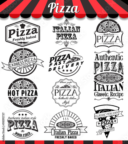 Vector pizza badges stickers and labels food set.
