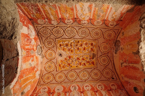 An old church ceiling decorations in kaymakli, derinkuyu underground city, Cave City Cappadocia Turkey photo