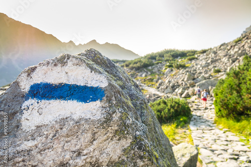 Hikers on a trail in beautiful mountains