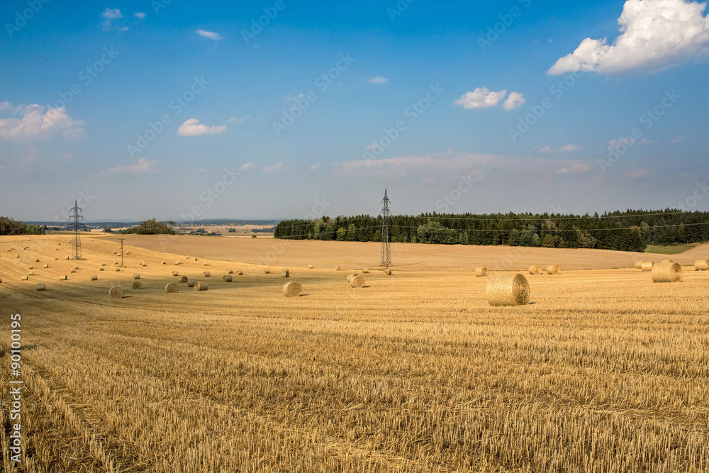 Beautiful landscape with straw bales in harvested fields