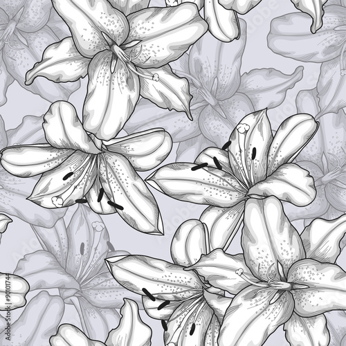 black and white seamless background with lilies.