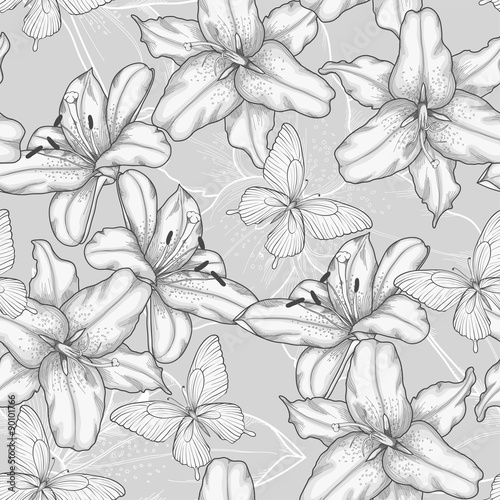 black and white seamless background with lilies and butterflies.