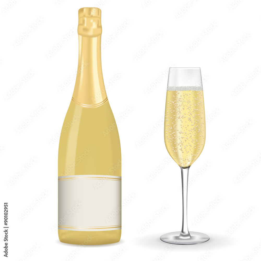 Bottle of champagne with blank label and a glass Bottle of champagne with blank label and a glass