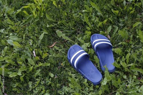 blue bathing slippers on grass