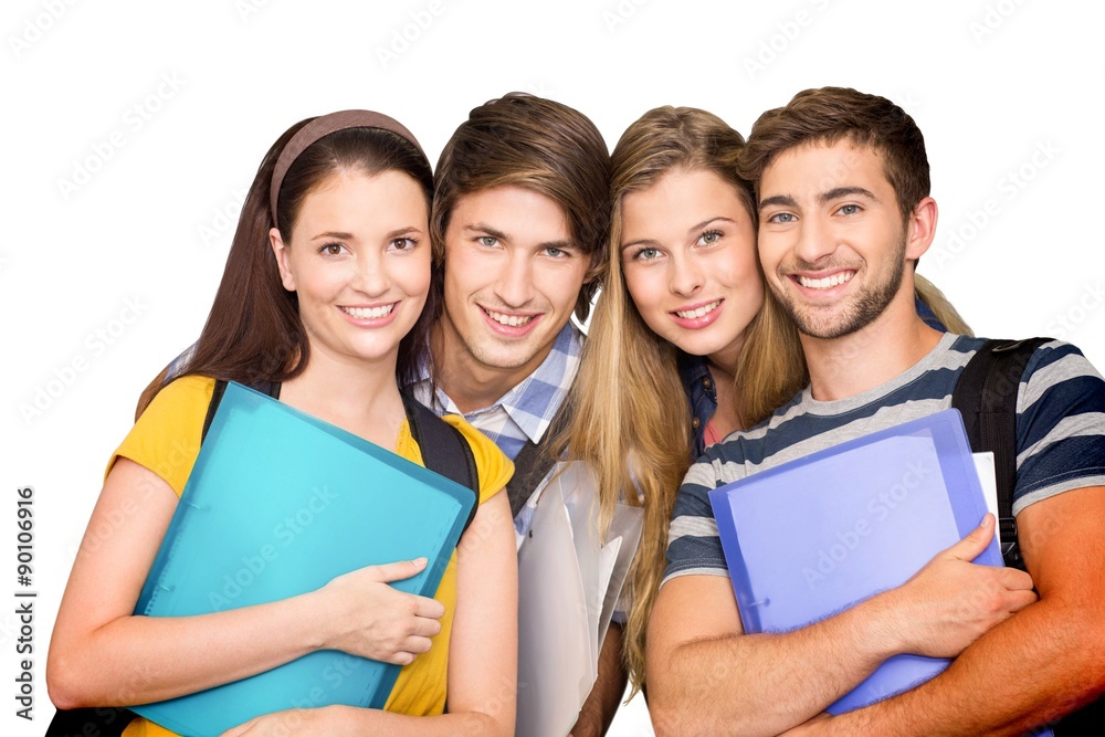 Composite image of happy students holding folders Composite image of happy students holding folders