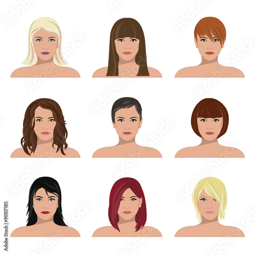 Set of various woman`s hair style. Vector illustration.