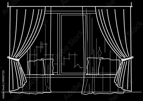 Linear architectural sketch big window with curtains and cushions on black background