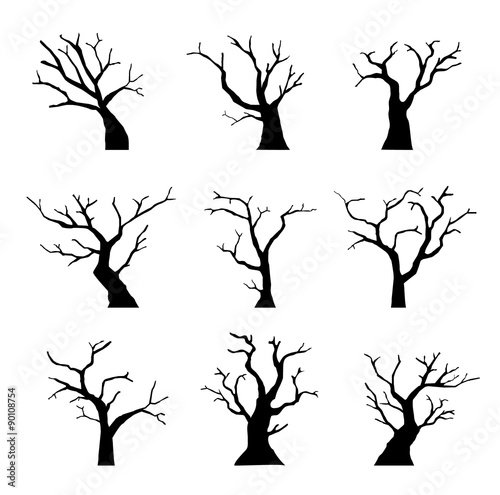 Silhouette dead tree without leaves set