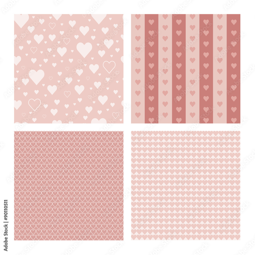 Set of 4 beautiful seamless patterns with hearts (tiling) for web page backgrounds, textile designs, fills, banners