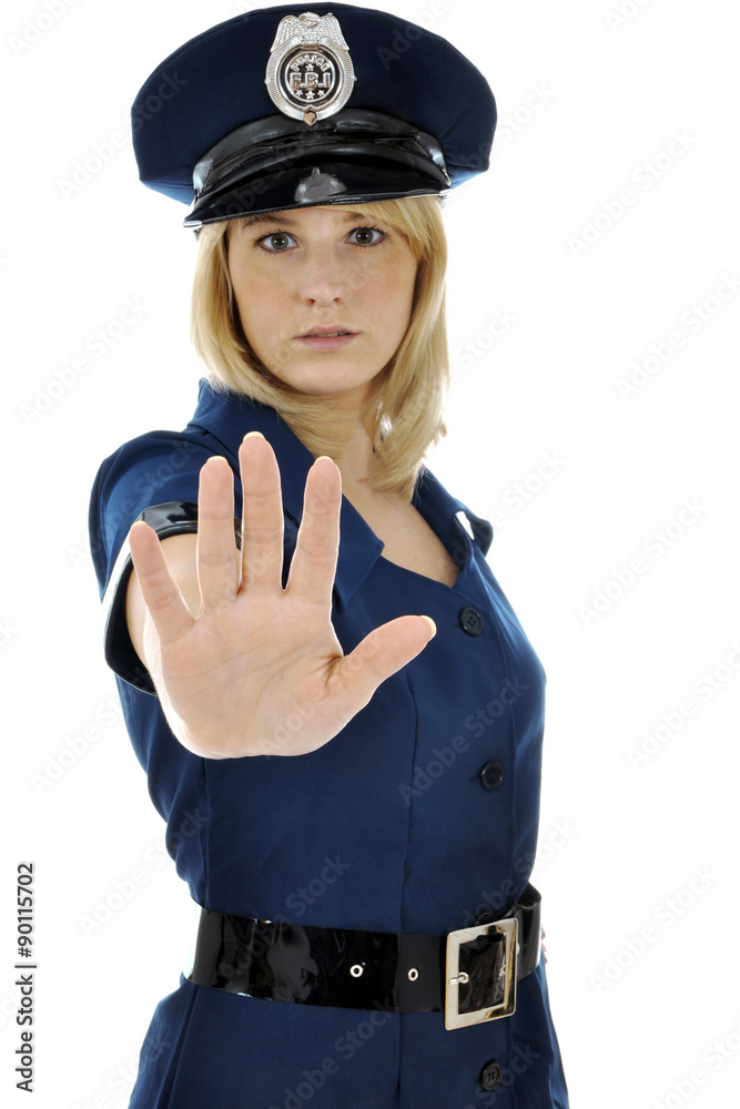 Frau in Verkleidung Polizei oder Polizist als Kostüm für Karneval oder  Fasching macht Halt Stock Photo | Adobe Stock