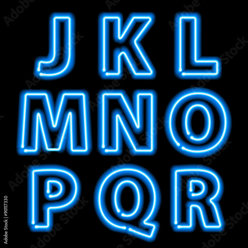 Blue neon light glowing letters set.