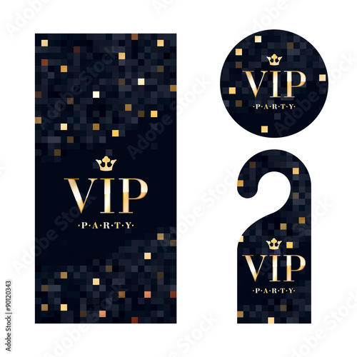 VIP invitation card, warning hanger and badge.