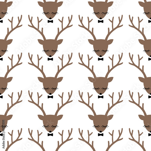 Deer head silhouette seamless pattern. Animal head texture. Cute sleeping deer with bow background for winter holidays.