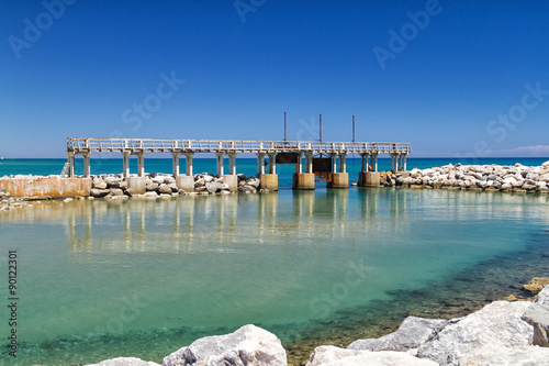 Dam on Mediterranean Sea near piscatory settlement and nudist village, july, summer 2014, Leucate, Corbières, Aude, Languedoc-Roussillon, France
