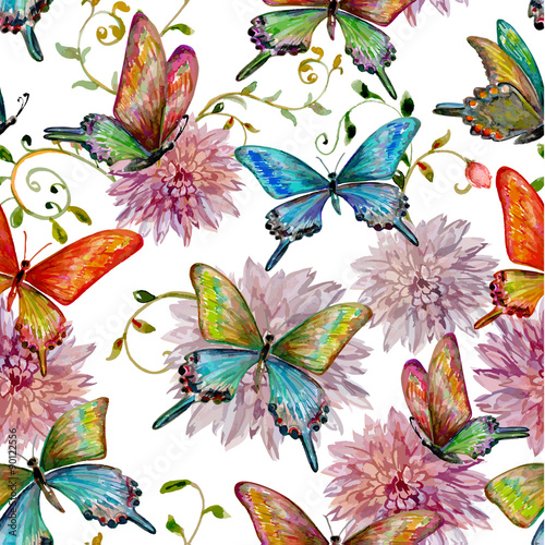 retro seamless texture with of flying butterflies. watercolor pa