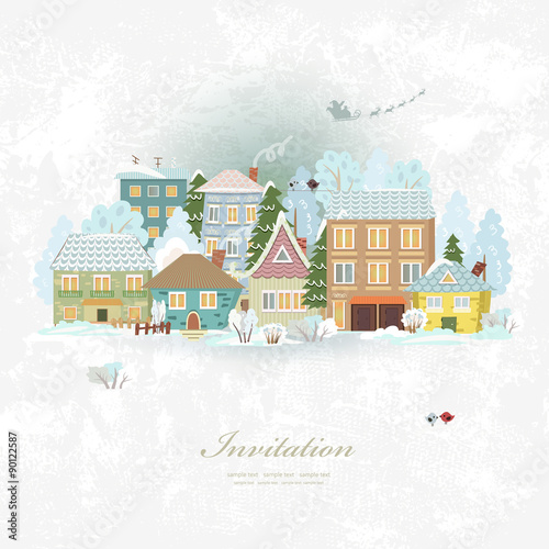 Cute invitation card with winter city life. Merry Christmas.