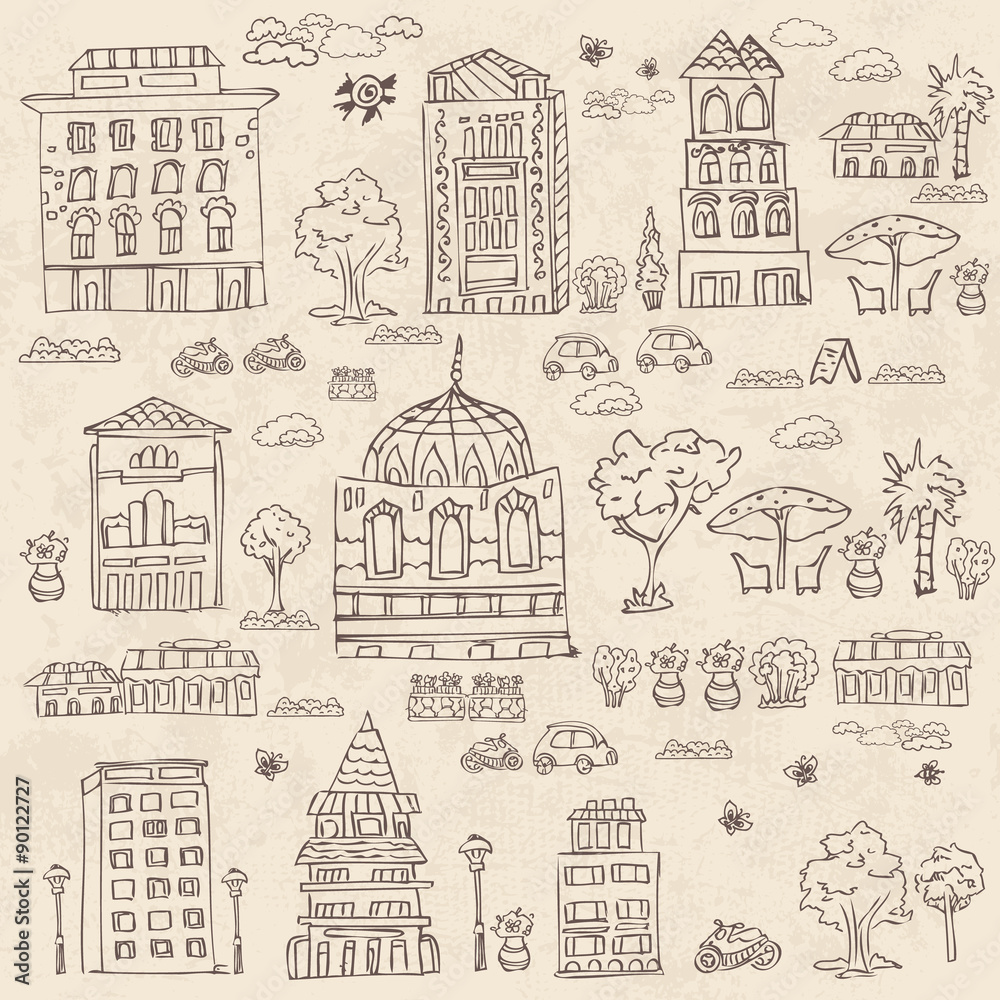 doodle set of houses with trees