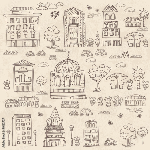 doodle set of houses with trees